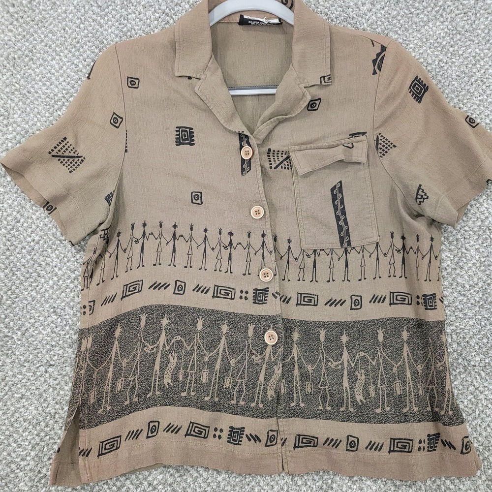 Bice by Sag Harbor Womens Tan Tribal Print Short Sleeve Button Up Shirt Top